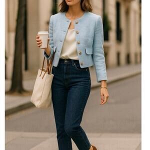 J.Crew Factory Tweed Lady Jacket Light Blue Gold Buttons Size 16